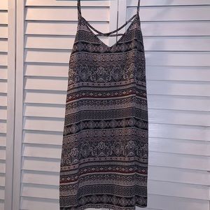 Patterned red, black, and white shift dress